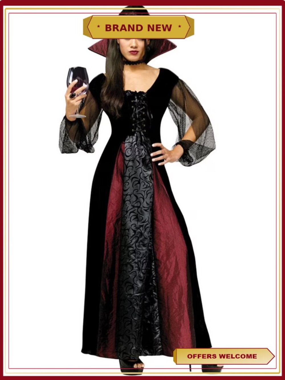 Women's Vampire Costume Dress with Laced Bodice & Tulle Sleeves